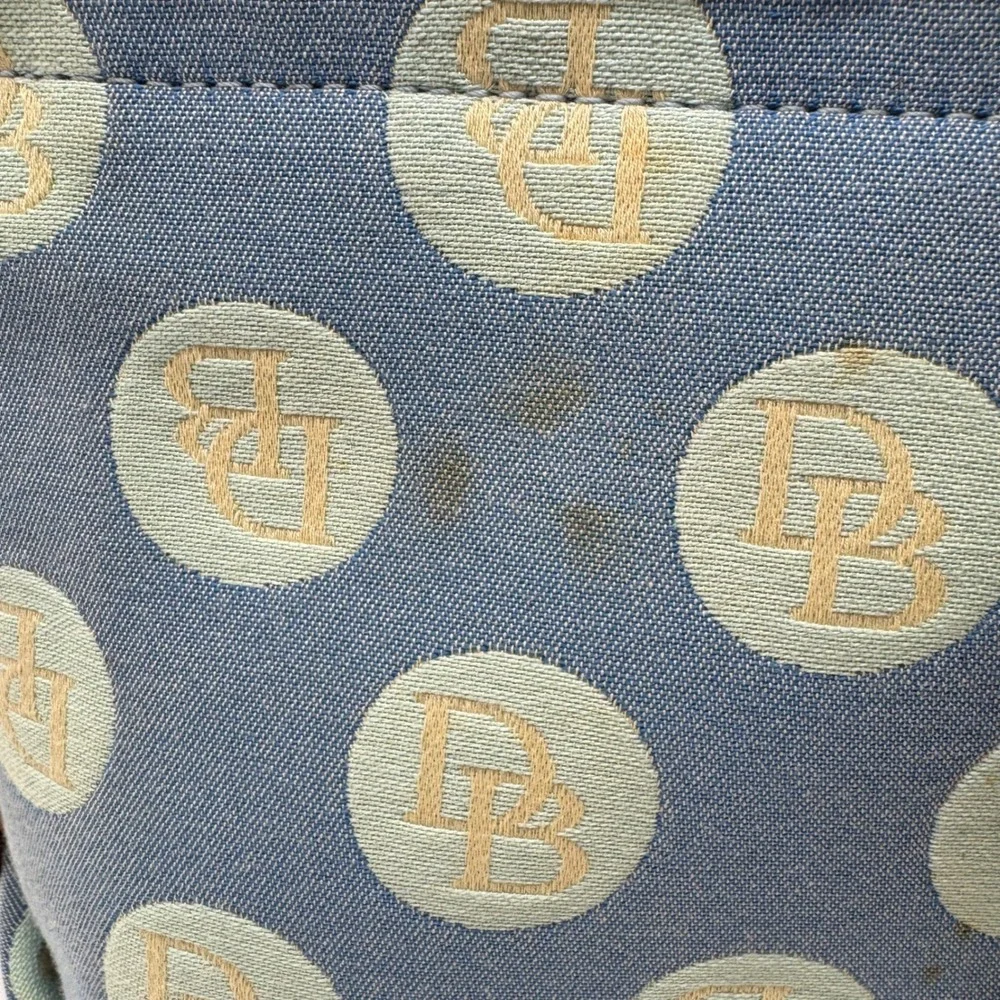 Dooney & Bourke Vintage Blue Denim DB Logo Circle Print Tote Bag‎ Brown Leather